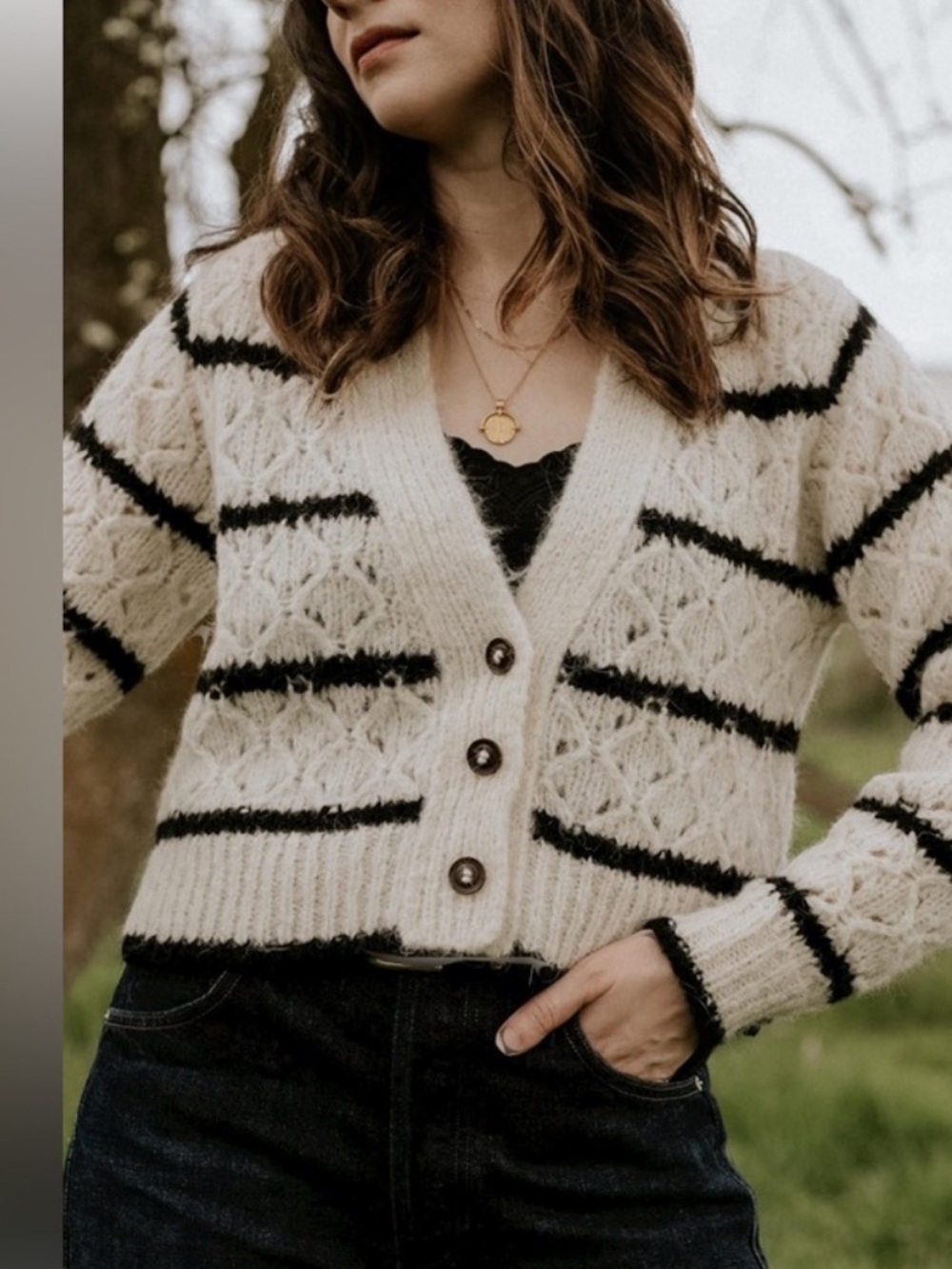 St Roche Trellis Alpaca Ivory & Black Striped V-Neck Button Cardigan Sweater